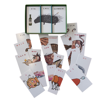 Legespiel klapkrodachs mit verschiedenen Legekarten für lustige Tierkombinationen. Ab 4 Jahren.