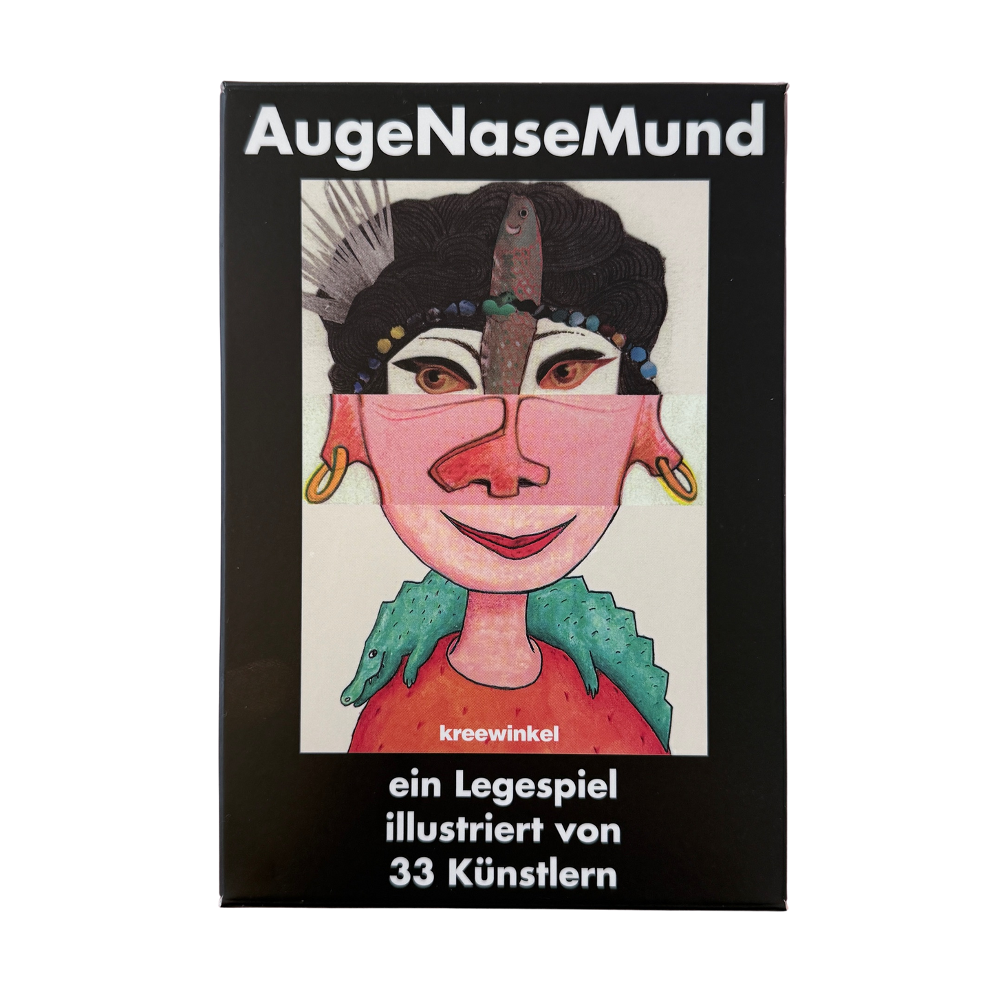 Legespiel-augenasemund - verschiedene Legeteile für lustiges Gesichter. Cover mit einem Frauenkopf mit unterschiedlichem Kopf, Nase und Mund. 