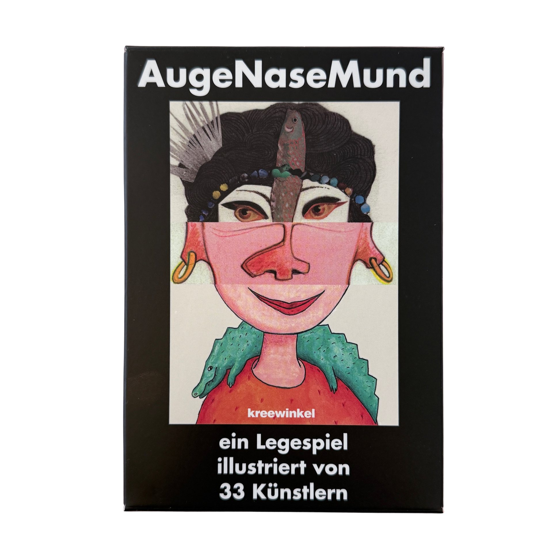 Legespiel-augenasemund - verschiedene Legeteile für lustiges Gesichter. Cover mit einem Frauenkopf mit unterschiedlichem Kopf, Nase und Mund. 