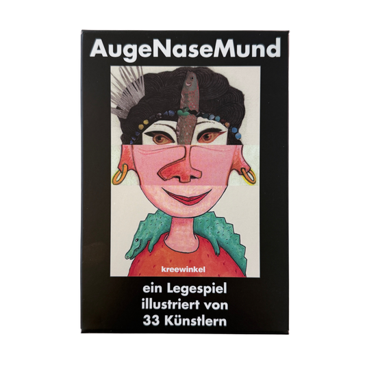 Legespiel-augenasemund - verschiedene Legeteile für lustiges Gesichter. Cover mit einem Frauenkopf mit unterschiedlichem Kopf, Nase und Mund. 
