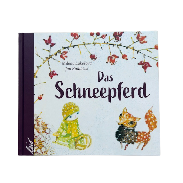 Kinderbuch mit einem illustrierten Fuchs und einem Mädchen auf einem Schlitten unter einem Zweig.