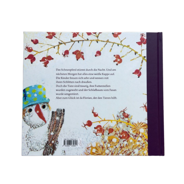 Kinderbuch Rückseite mit einem illustrierten Schneemann und einem Hagebuttenstrauch.