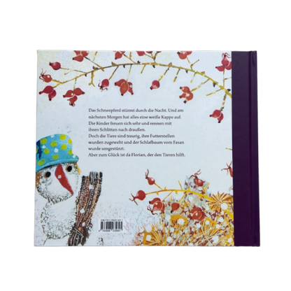 Kinderbuch Rückseite mit einem illustrierten Schneemann und einem Hagebuttenstrauch.