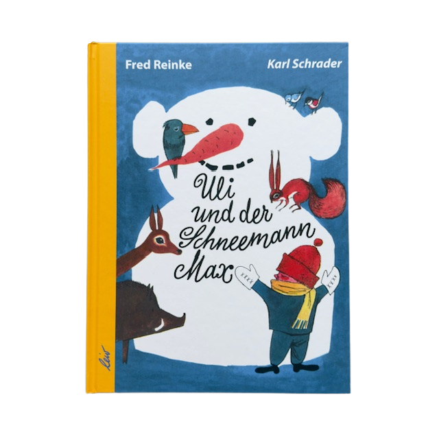 Kinderbuch mit einem Schneemann, Waldtieren und einem kleinen Jungen.