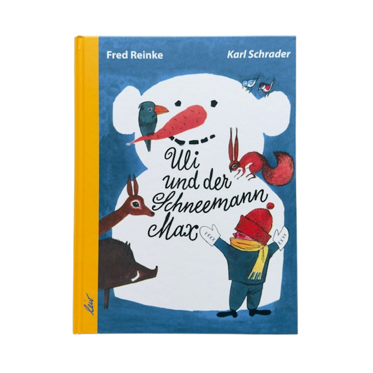 Kinderbuch mit einem Schneemann, Waldtieren und einem kleinen Jungen.