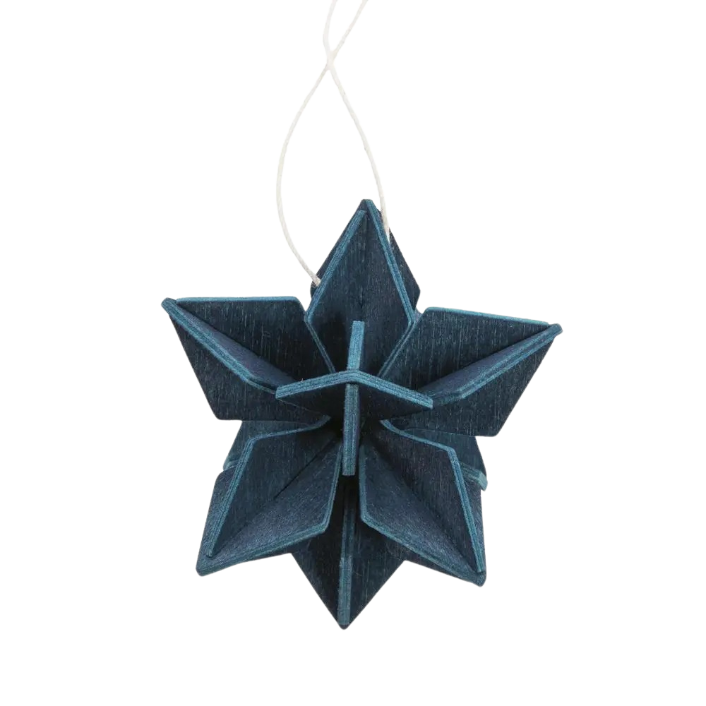 Blauer Stern aus Holz zum zusammenstecken und aufhängen.