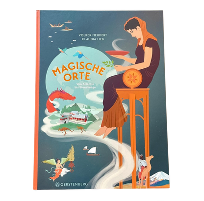 Buchcover magische Orte mit einer Frau auf einem hohen Stuhl und einer großen   Blase mit einem Dracken, Häuser und Booten auf dem Meer.