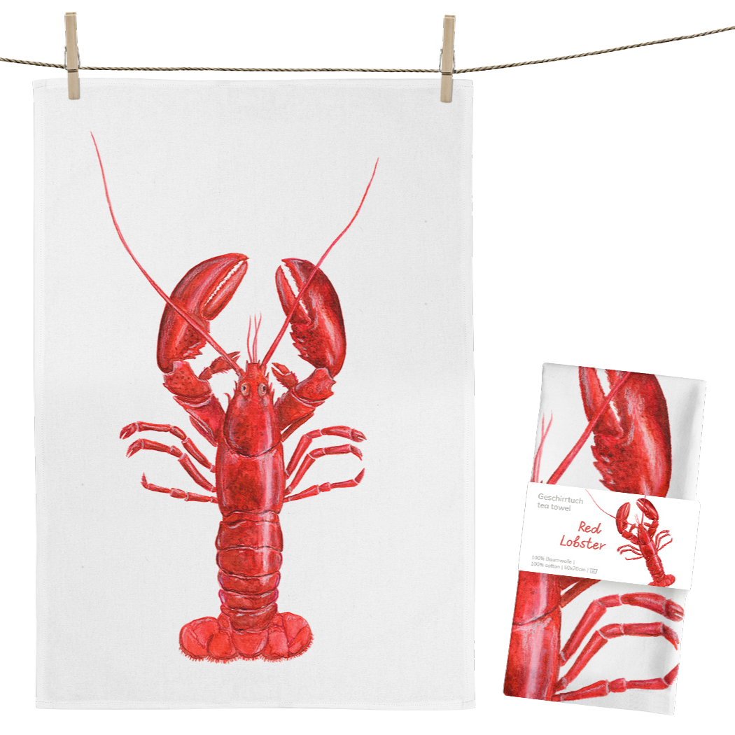 Helles Geschirrtuch aus Baumwolle mit einem roten Lobster darauf. 