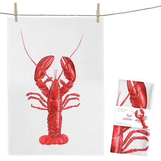 Helles Geschirrtuch aus Baumwolle mit einem roten Lobster darauf. 