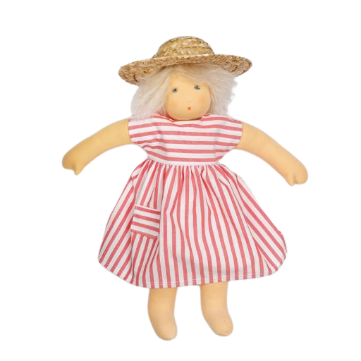 stoffpuppen, mit haaren, gestreiftes kleid, achtunddreizig zentimeter, strohhut, rot, weiss
