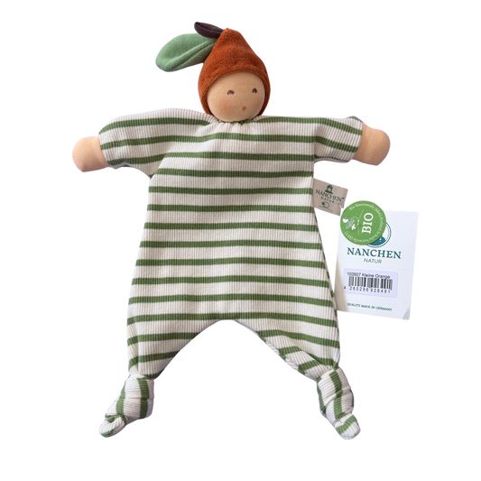 Schmusetuch gestreift mit einem kleinen Orangenköpfchen mit Rassel.