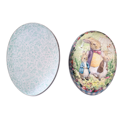Befüllbares Osterei im Vintage Style aus Karton mit einem Hasenvater und zwei Hasenjungen darauf. 