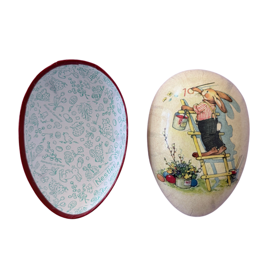 Nostalgische, befüllbare Ostereier aus Karton mit malendem Hasenjungen. 