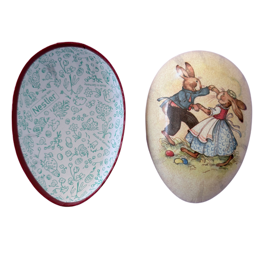 Nostalgische, befüllbare Ostereier aus Karton mit tanzendem Hasenpaar. 