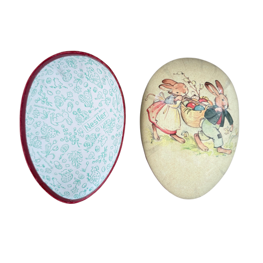 Nostalgisches, befüllbares Osterei aus Karton mit Hasenpaar und Ostereierkorb. 