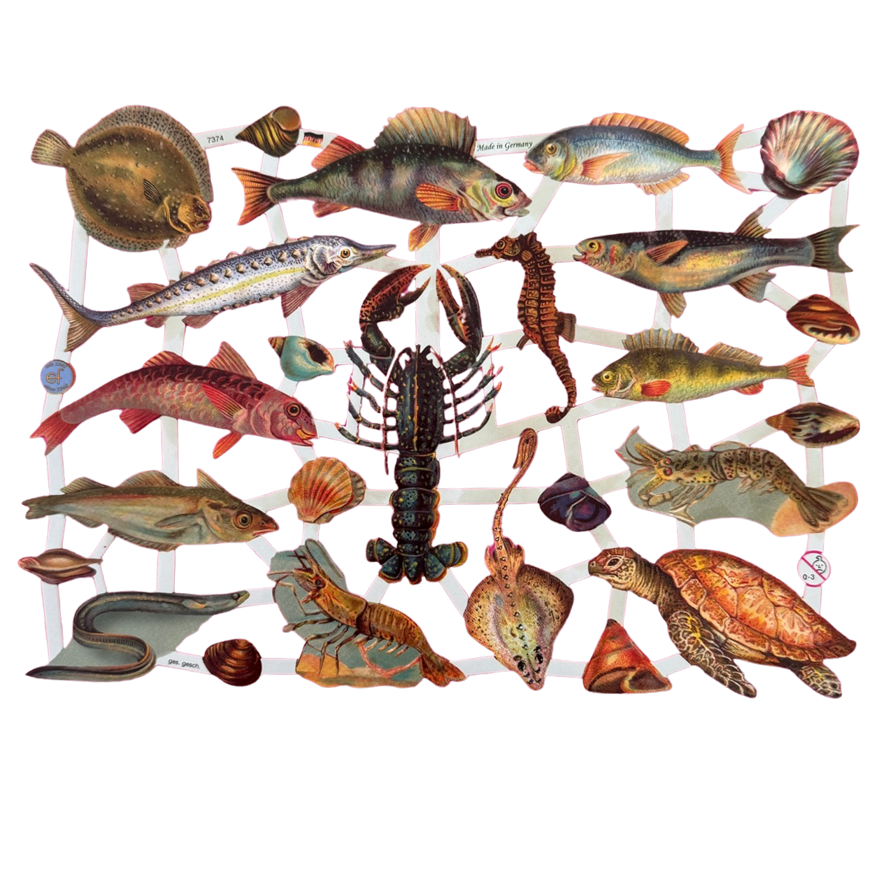 Lackbilder Bogen aus gestanztem Papier mit Fischmotiven.