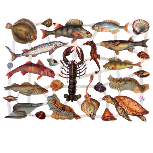 Lackbilder Bogen aus gestanztem Papier mit Fischmotiven.