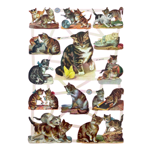 Lackbilder Bogen aus gestanztem Papier mit verschiedenen Katzen.