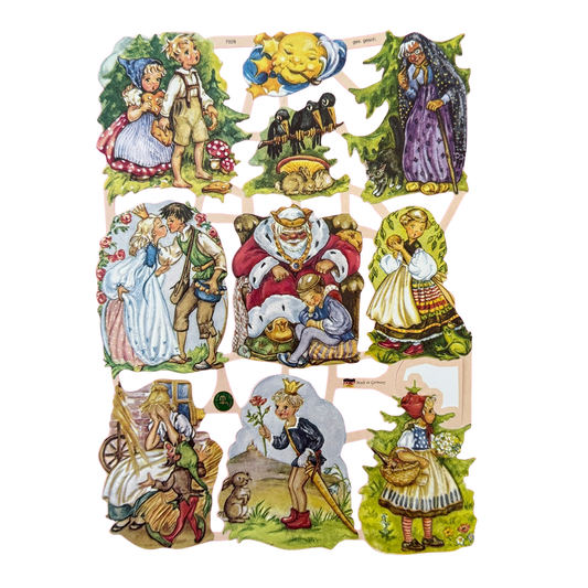Nostalgische Lackbilder aus gestanztem Papier mit Märchenmotiven.