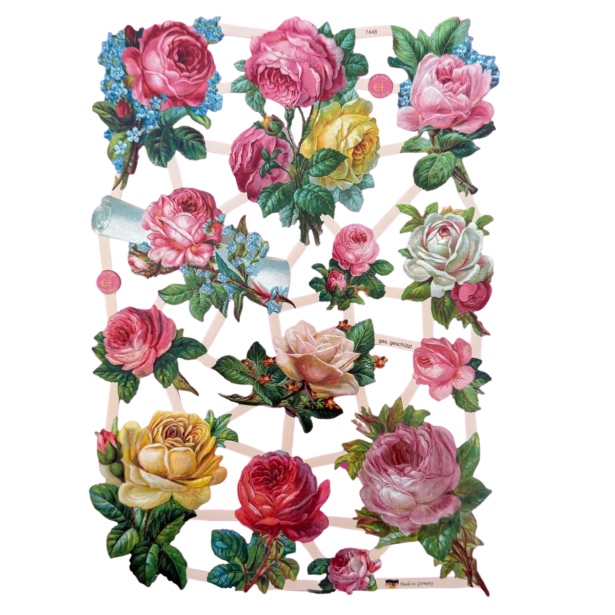 Lackbilder aus gestanztem Papier mit Rosenmotiven.