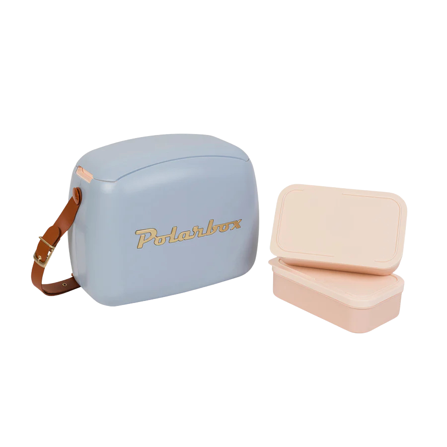 Kühltasche inkl. zwei Lunchboxen im Vintage Look in Hellblau und braunem Ledergurt. 