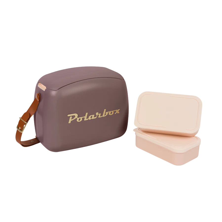 Kühltasche inkl. zwei Lunchboxen im Vintage Look in Malve und braunem Ledergurt. 