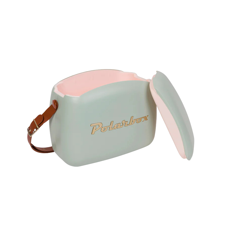 Kühltasche inkl. zwei Lunchboxen im Vintage Look in Olivgrün hell und braunem Ledergurt. 