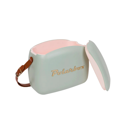 Kühltasche inkl. zwei Lunchboxen im Vintage Look in Olivgrün hell und braunem Ledergurt. 