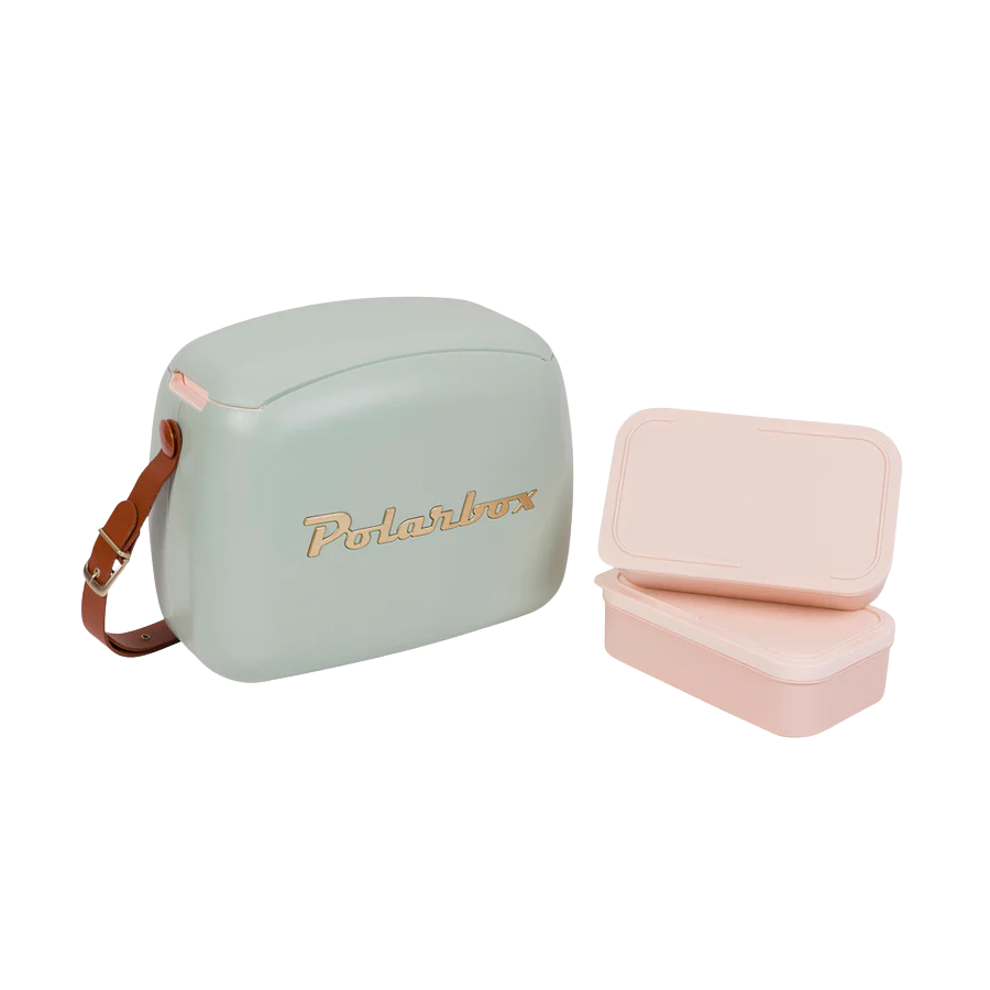 Kühltasche inkl. zwei Lunchboxen im Vintage Look in olivgrün hell und braunem Ledergurt. 