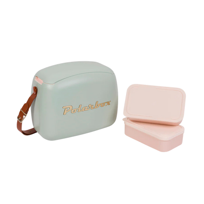 Kühltasche inkl. zwei Lunchboxen im Vintage Look in olivgrün hell und braunem Ledergurt. 