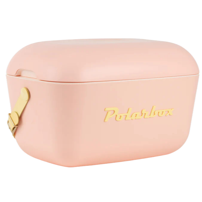 Kühltasche in Coral und braunem Ledergurt. Vintage Style und goldener Aufschrift Polarbox.