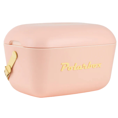 Kühltasche in Coral und braunem Ledergurt. Vintage Style und goldener Aufschrift Polarbox.