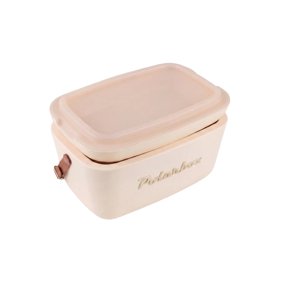 Kühltasche in Creme und braunem Ledergurt. Vintage Style und goldener Aufschrift Polarbox.