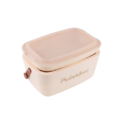 Kühltasche in Creme und braunem Ledergurt. Vintage Style und goldener Aufschrift Polarbox.