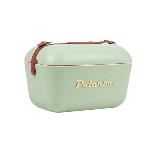 Kühltasche in Olivgrün hell und braunem Ledergurt. Vintage Style und goldener Aufschrift Polarbox.
