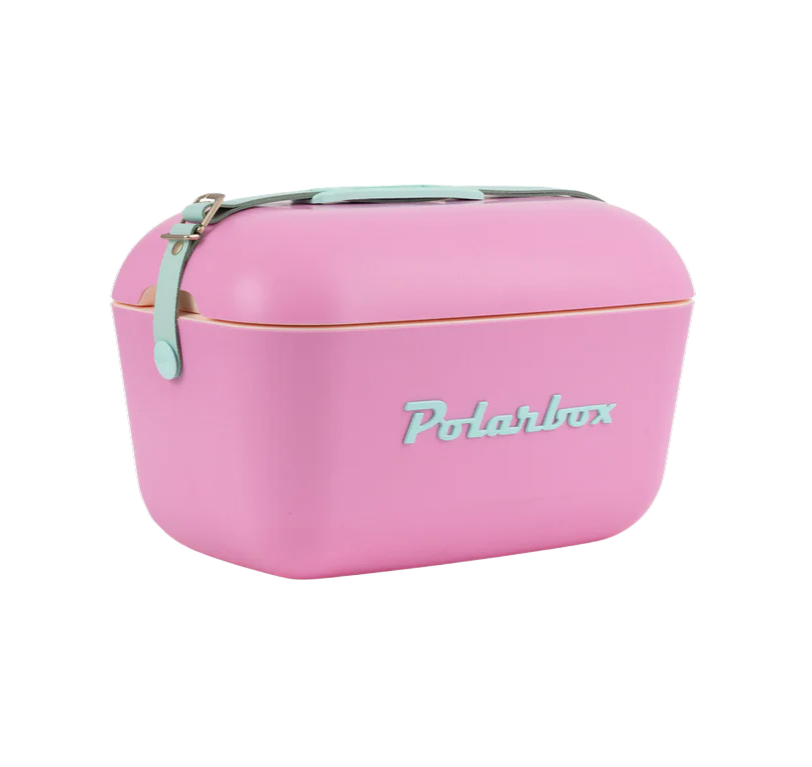 Kühltasche in Pink und hellblauen Ledergurt. Vintage Style und hellblauer Aufschrift Polarbox.