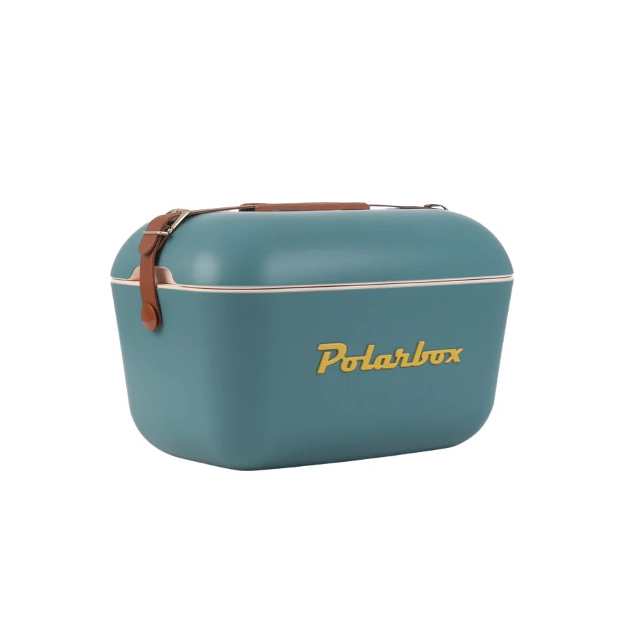 Kühltasche in Vintage Blau und braunem Ledergurt. Vintage Style und goldener Aufschrift Polarbox.