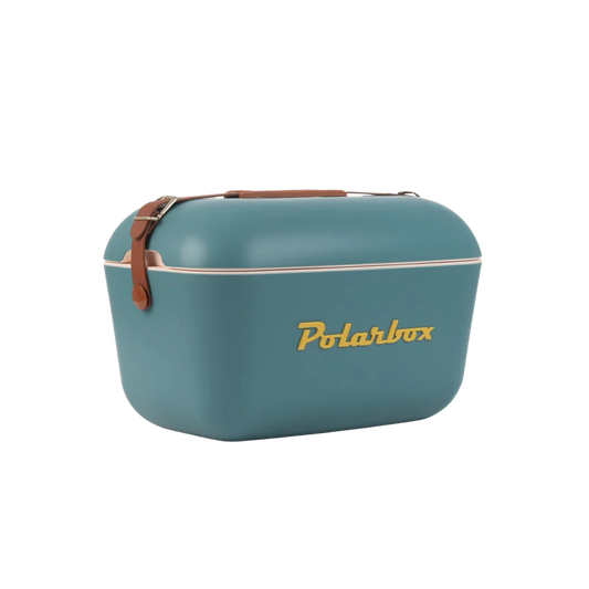 Kühltasche in Vintage Blau und braunem Ledergurt. Vintage Style und goldener Aufschrift Polarbox.