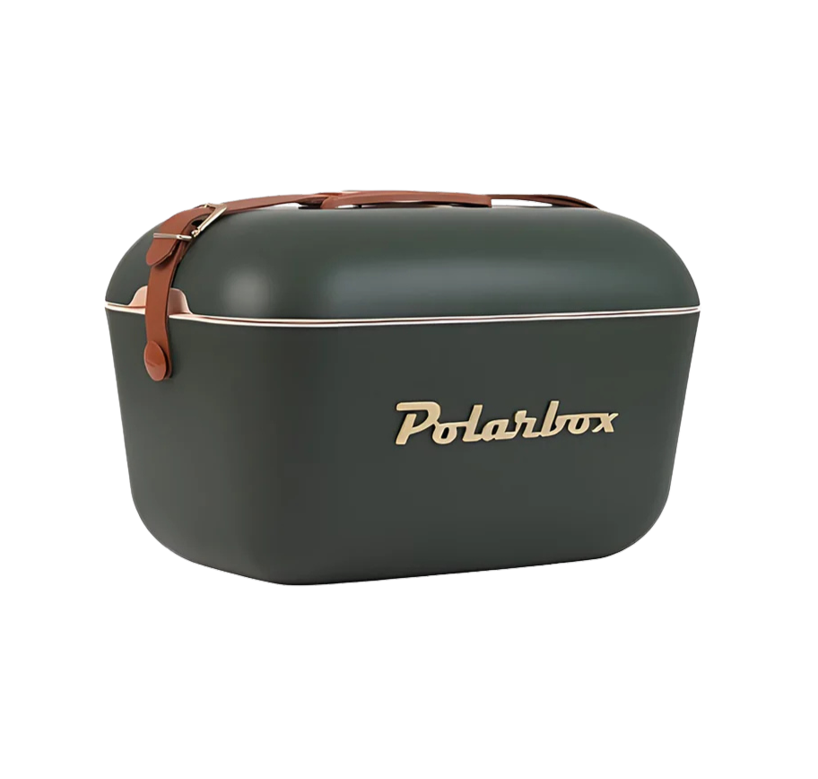 Kühltasche in Waldgrün und braunem Ledergurt. Vintage Style und goldener Aufschrift Polarbox.