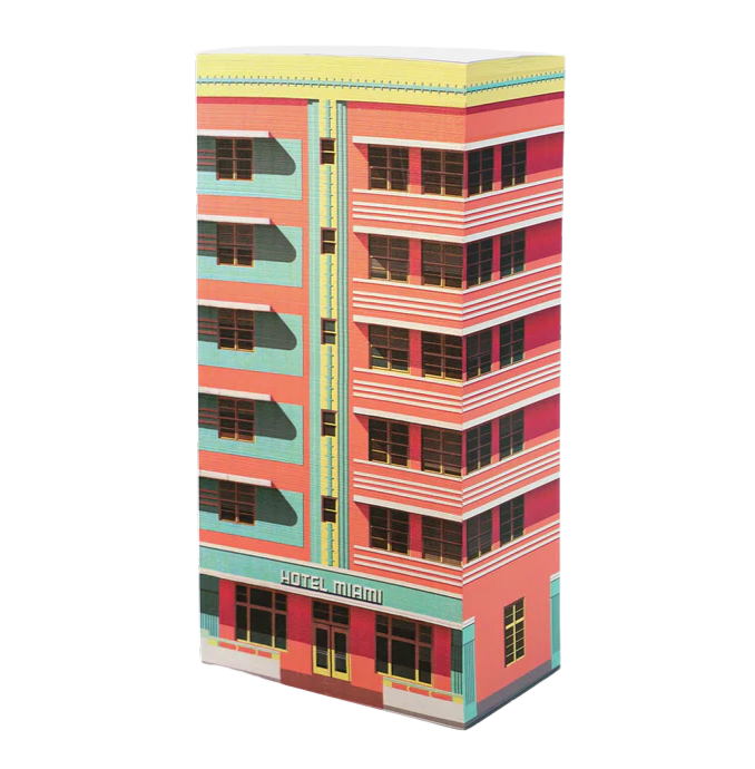 Notizblock als buntes Haus in Miami.