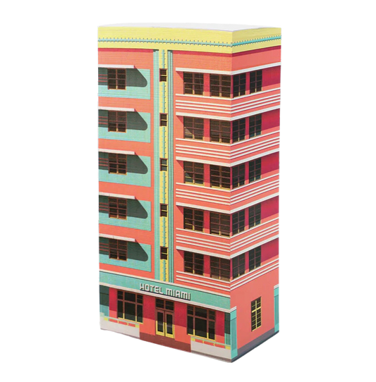 Notizblock als buntes Haus in Miami.