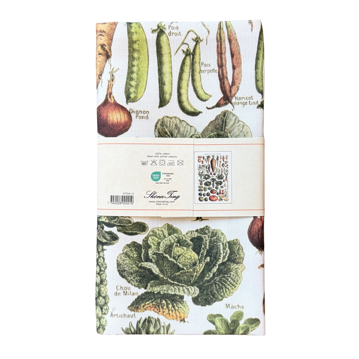 Geschirrtuch aus Baumwolle mit vielen Gemüsesorten darauf. 