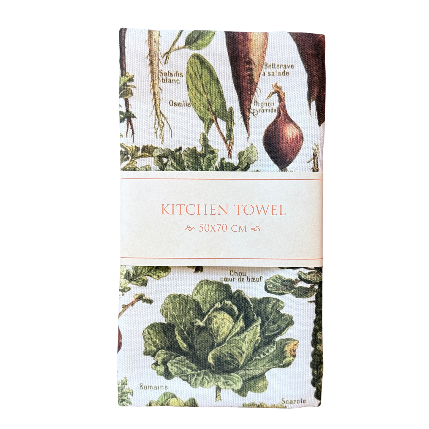 Geschirrtuch aus Baumwolle mit vielen Gemüsesorten darauf. 