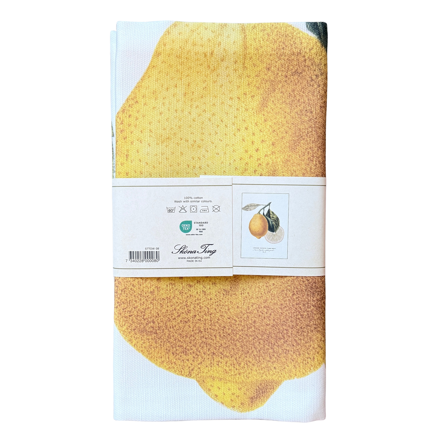 Geschirrtuch aus  Baumwolle mit Zitronenmotiv darauf. 