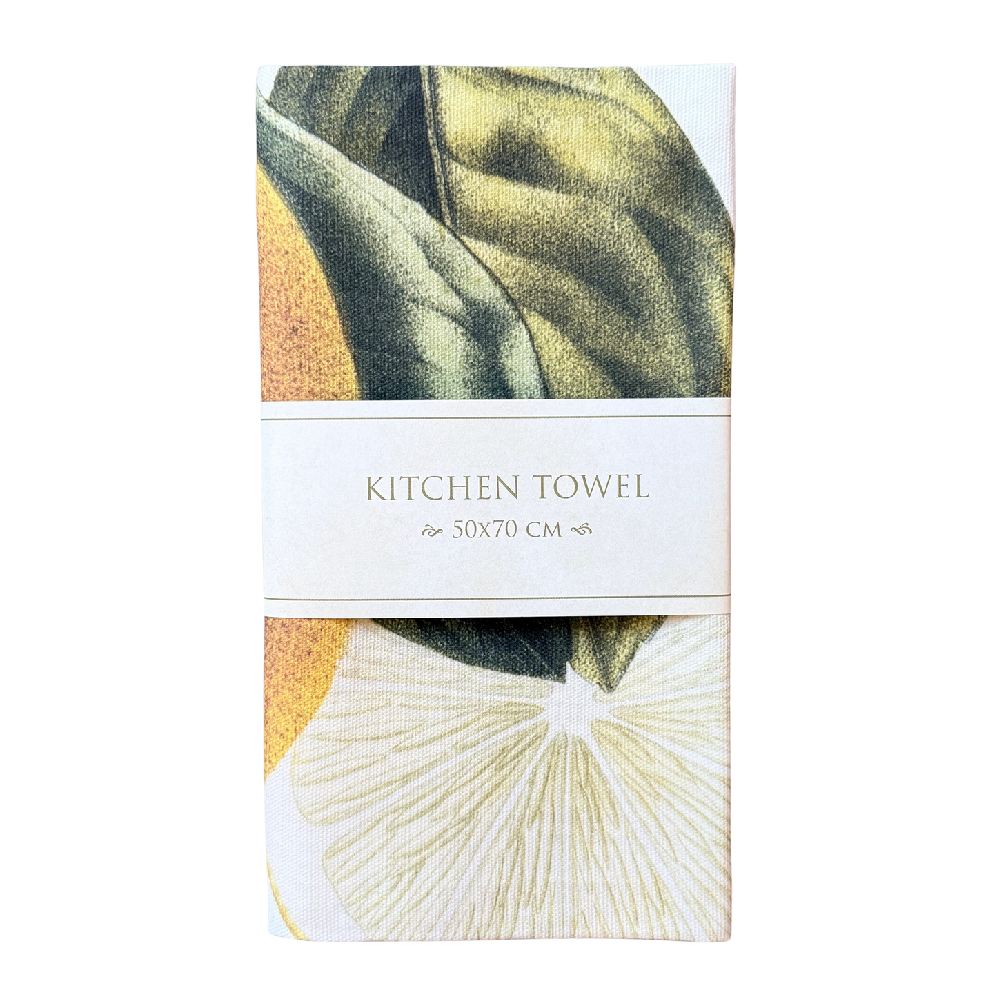 Geschirrtuch aus  Baumwolle mit Zitronenmotiv darauf. 