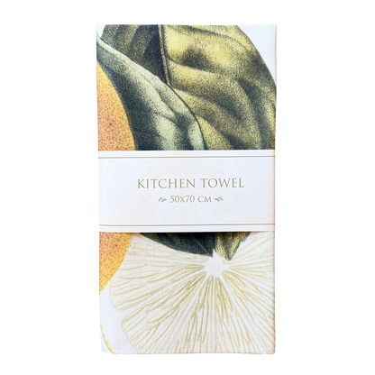 Geschirrtuch aus  Baumwolle mit Zitronenmotiv darauf. 