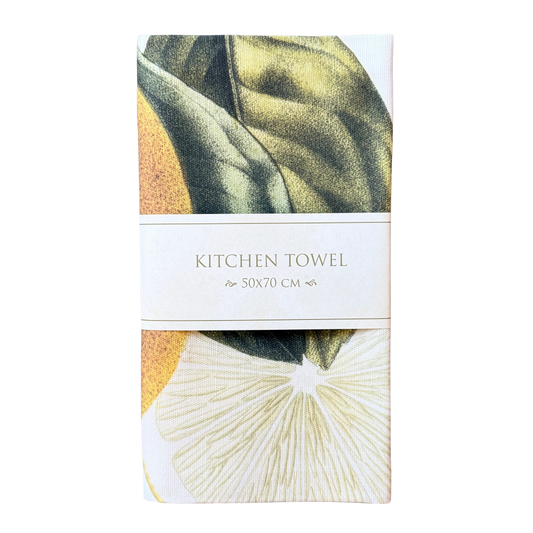 Geschirrtuch aus  Baumwolle mit Zitronenmotiv darauf. 