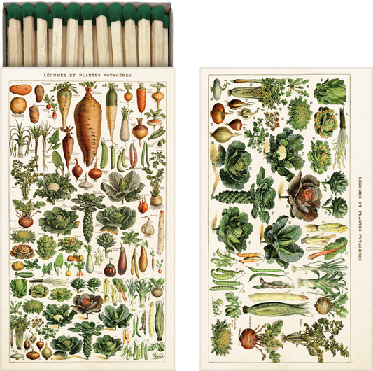 Lange Streichhölzer in einer Schachtel aus Karton mit vielen verschiedenen Gemüsesorten darauf im Vintage Stil. 