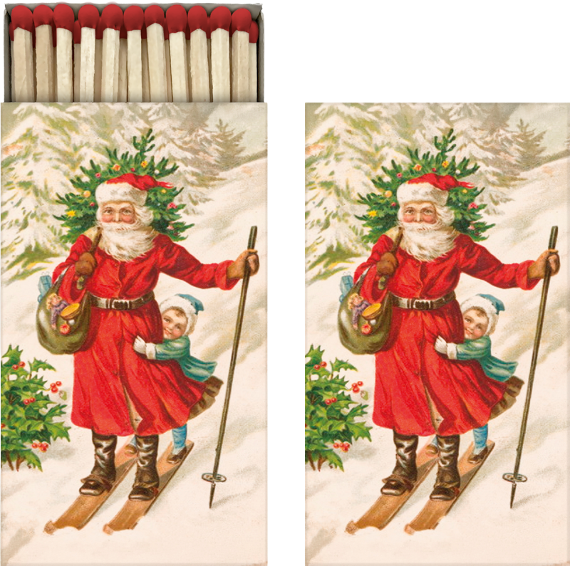 Lange Streichhölzer in einem Karton mit Weihnachtsmann Motiv.