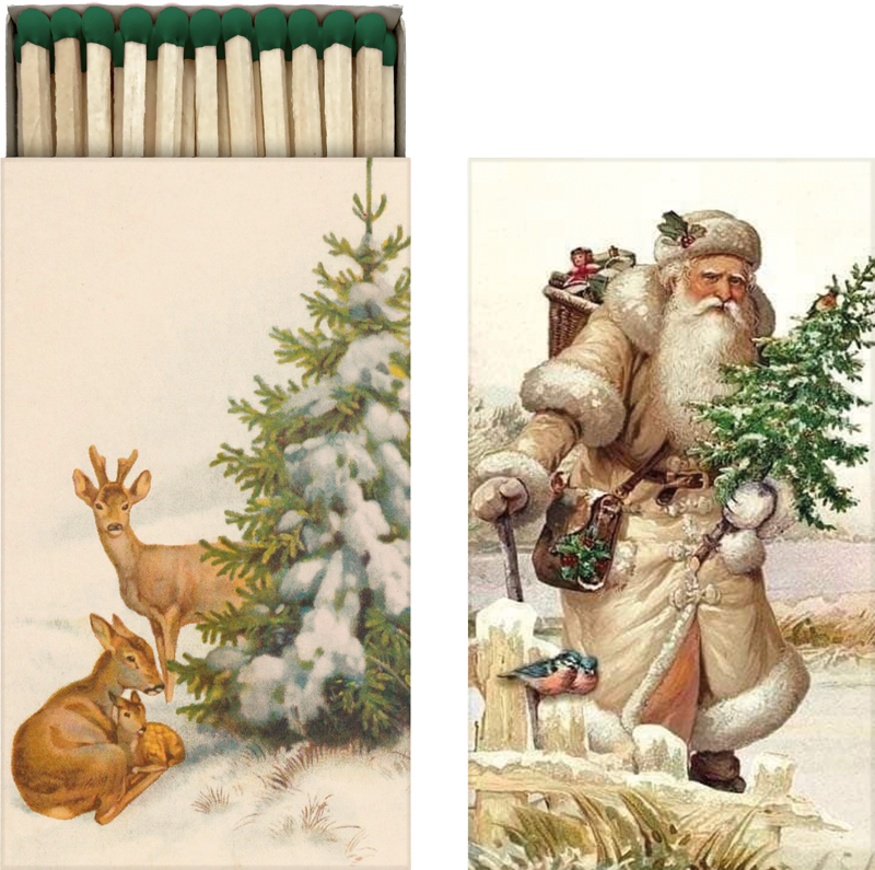 Lange Streichhölzer in einem Karton mit Weihnachtsmann Motiv.